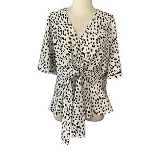She + Sky Black White Tie Front Blouse Women’s 2XL Flutter Sleeve Plus